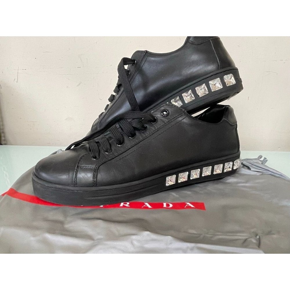 PRADA Embellished Studded Swarovski Crystals Jeweled Black Leather Sneakers 38.5